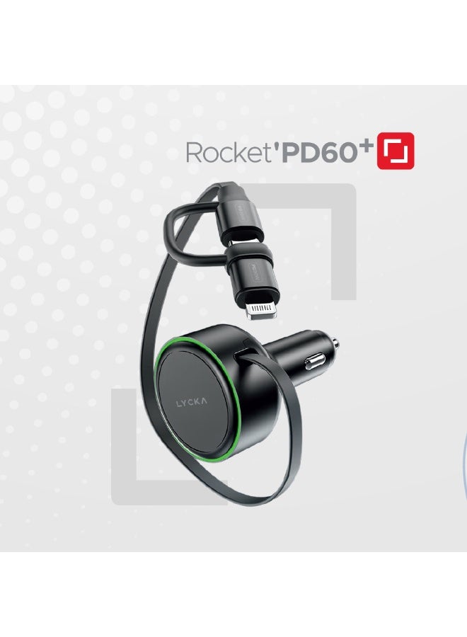 Lycka Rocket PD60+ 60W Type-C & Lighting Fast Car Charger with Built-in 2-in-1 Cable - Image 1